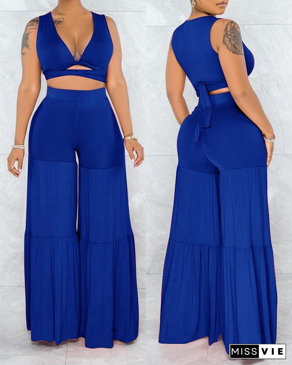 Solid Color Lace-up Ruched Tank Top With Wide Leg Pants Suit Sets