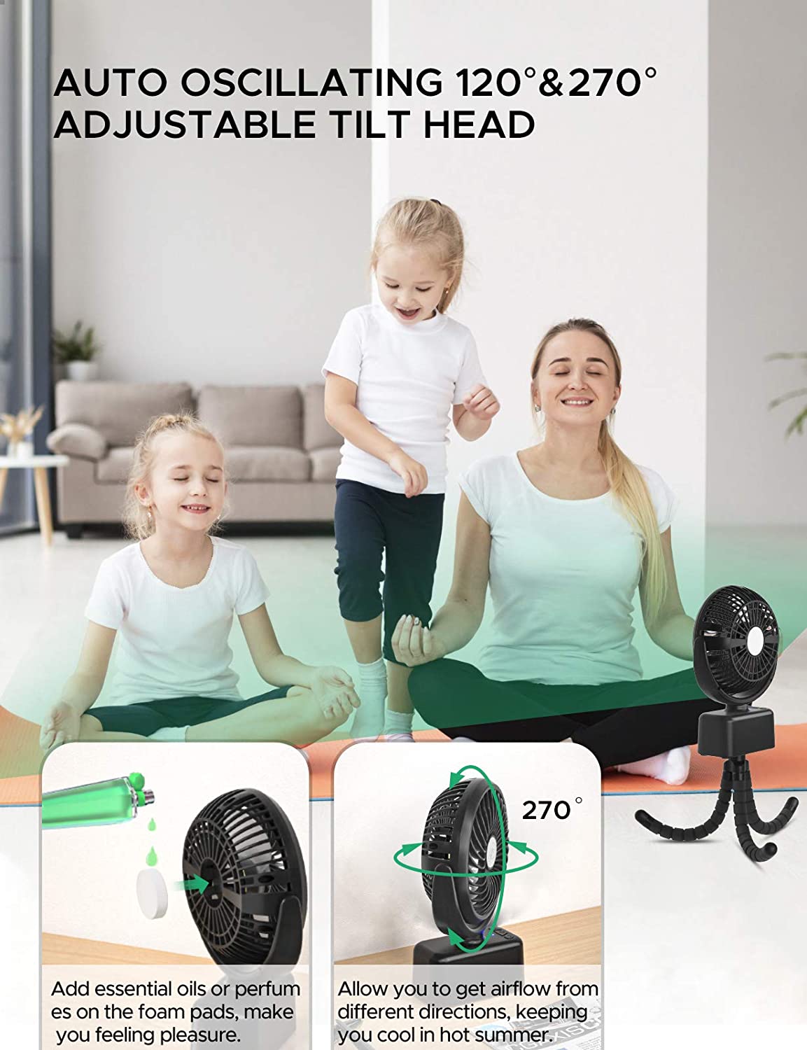 Baby Stroller Oscillating Fan with LED Light, 5000mAh Rechargeable Battery Operated Small Camping Tent Fan 3 Speed with Hidden Hook Detachable Flexible Tripod & Diffuser Holder