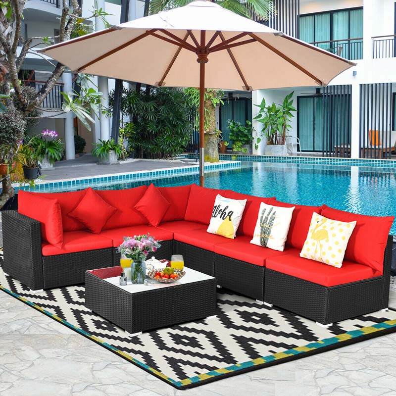 7 Pcs Rattan Patio Furniture Sectional Sofa Set Outdoor Wicker Conversation Set with Back & Seat Cushions Pillows