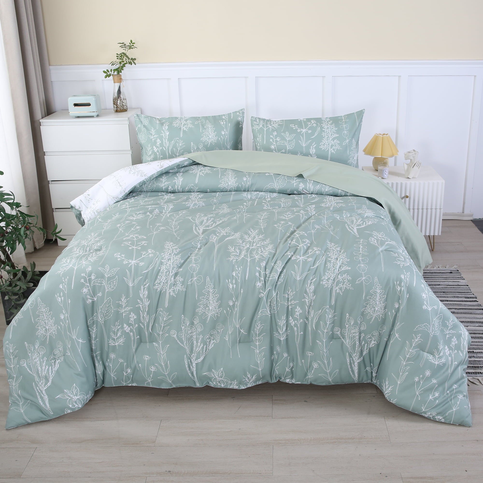 URBONUR Bedding Comforter Full Set Sage Green Comforter Set, Botanical Floral Plant Leaf Print Comforters Sets 5 PCS Bed in A Bag with Bed Set, Lightweight Easy Care Comforters for All Season