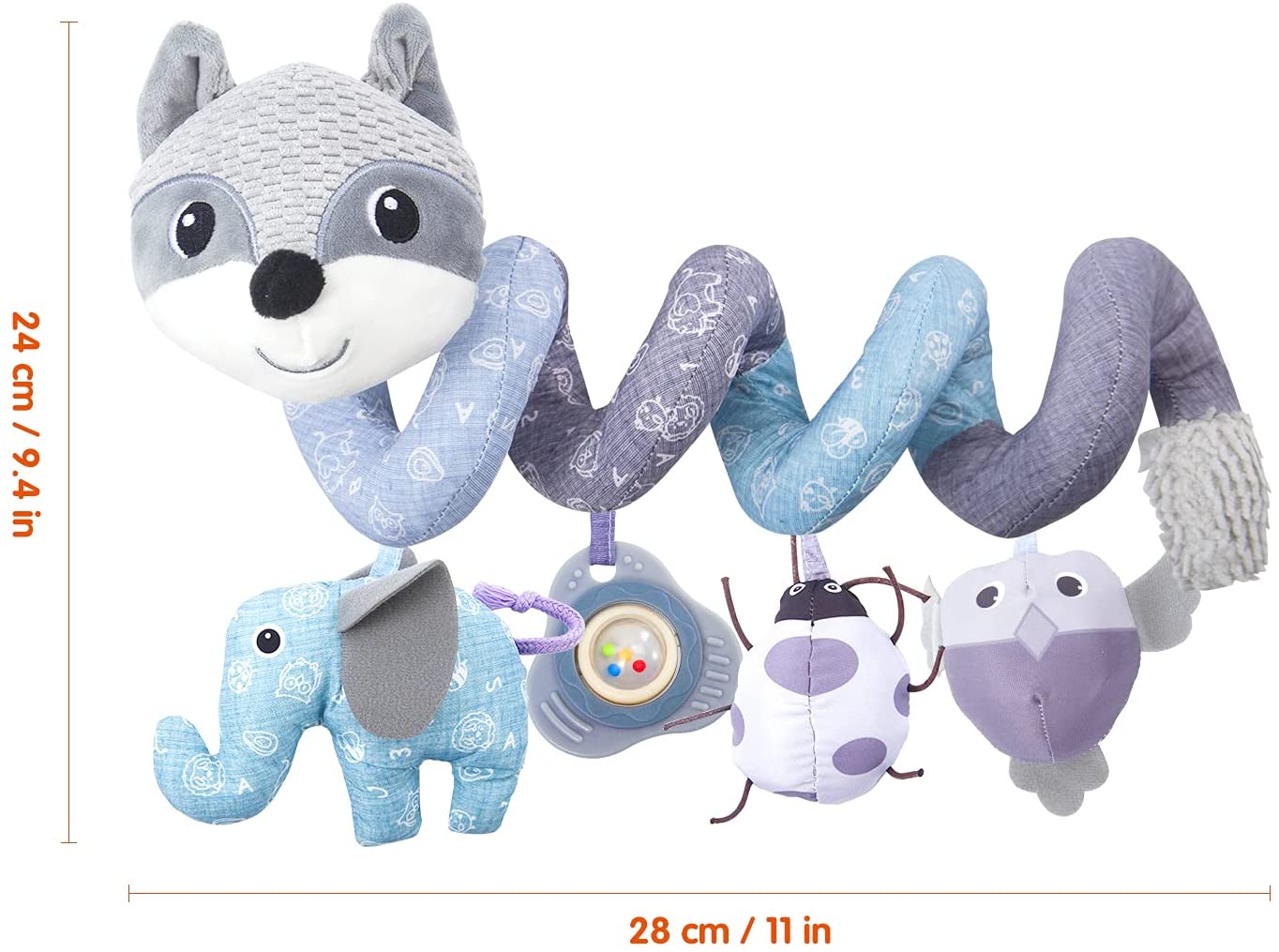 Car Seat Toys， Infant Baby Gray Fox Spiral Plush Activity Hanging Toys for Car Seat Stroller Bar Crib Bassinet Mobile with Music Box BB Squeaker and Rattles（Gray）