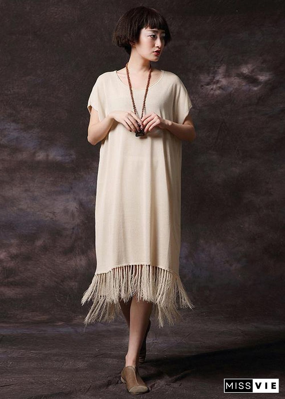 Simple pink tassel cotton Long Shirts o neck loose summer Dress