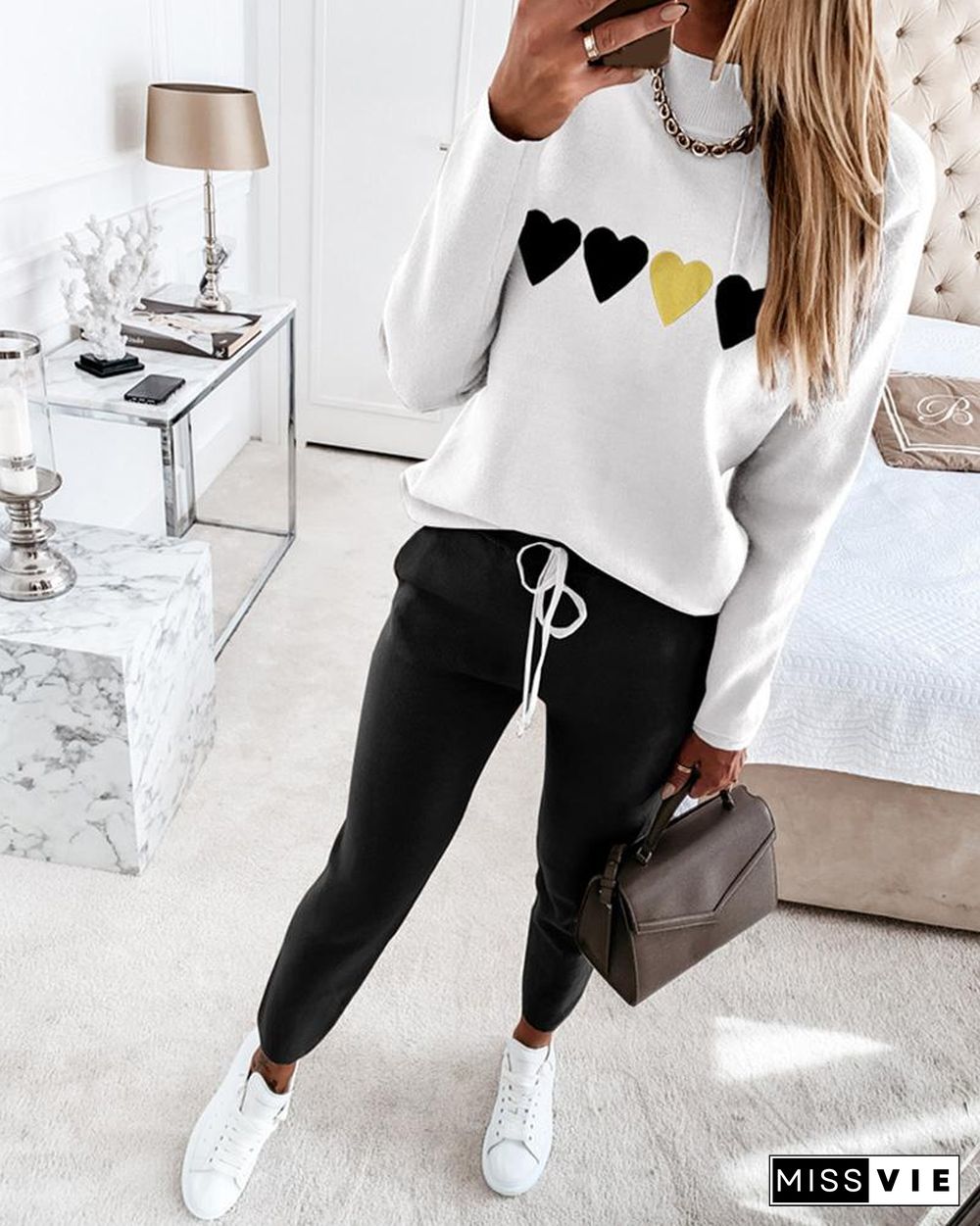 Heart Print Long Sleeve Top & Drawstring Waist Pants Set P12268