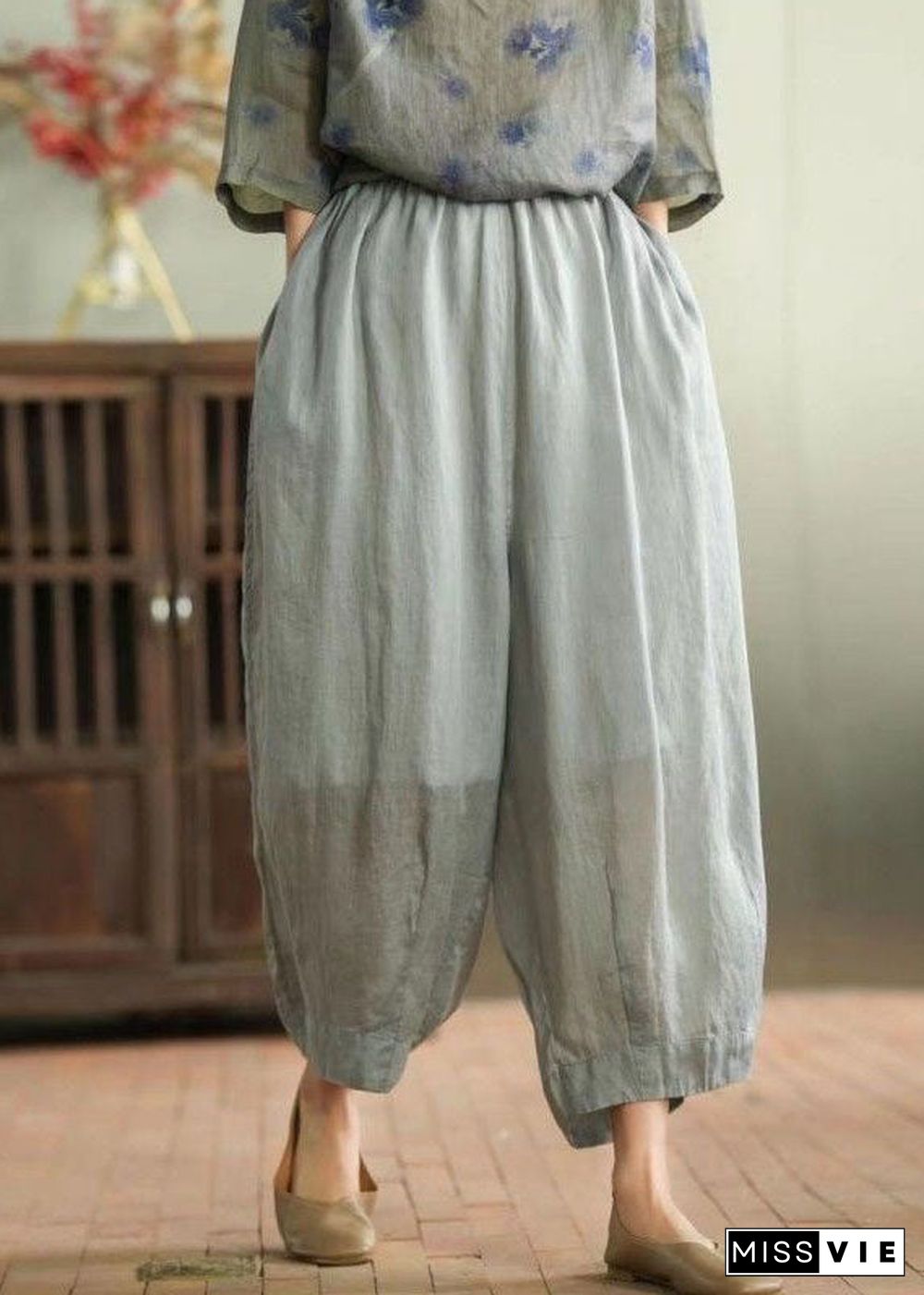 Grey Patchwork Linen Tops And Pants Two Pieces Set O Neck Summer