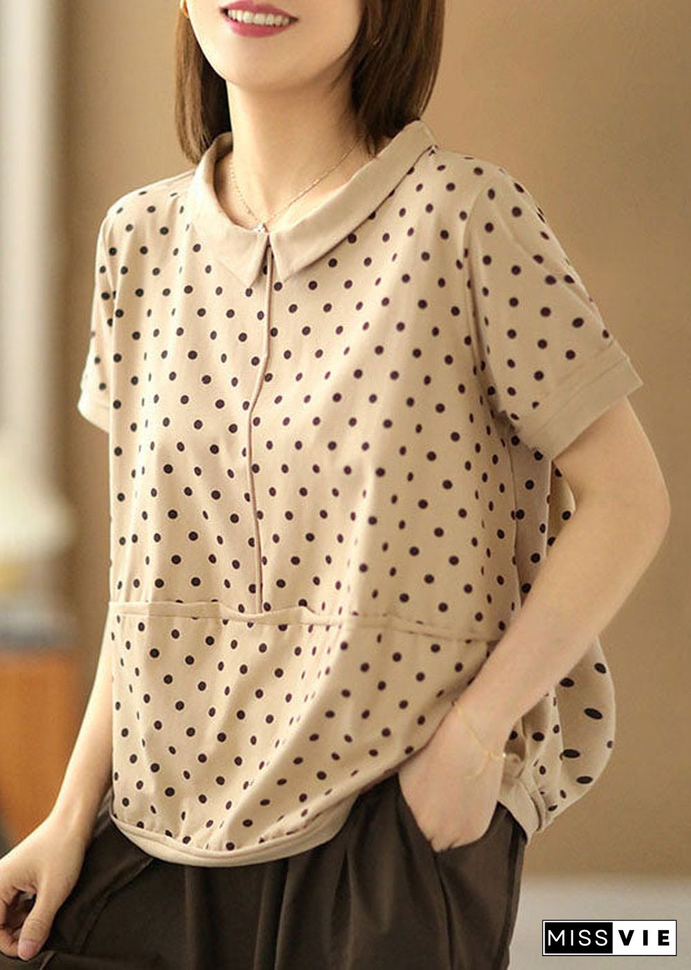 Beautiful Apricot Turn-down Collar Patchwork Dot Print Cotton Shirts Short Sleeve