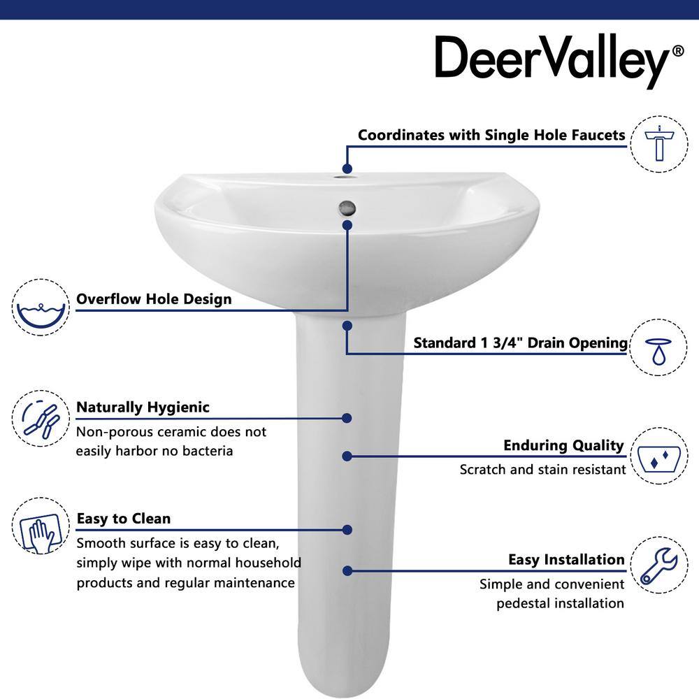 DEERVALLEY Liberty White Vitreous China Pedestal Combo Bathroom Sink in U-Shape Design with Overflow DV-1P523