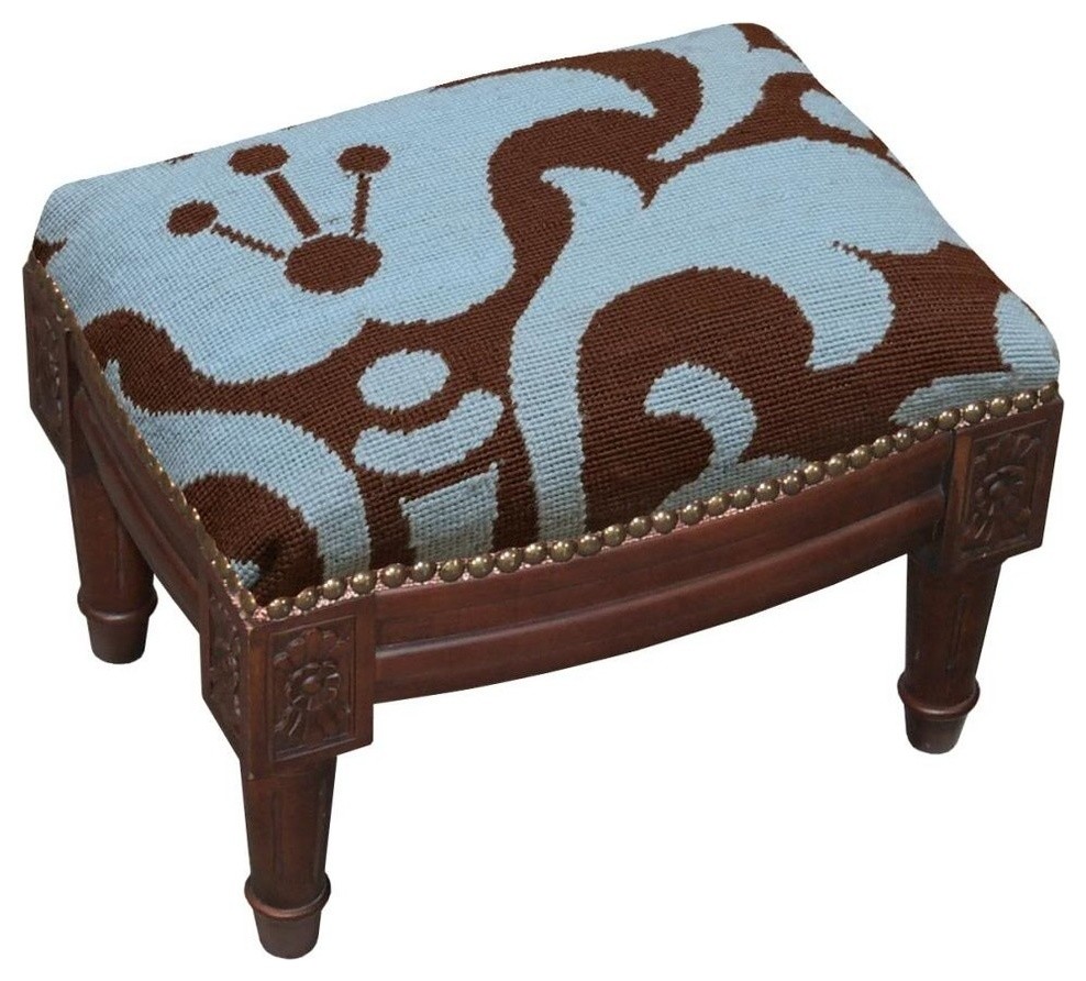 Damask Wool Needlepoint Wooden Footstool   Traditional   Footstools And Ottomans   by 123 Creations  Houzz