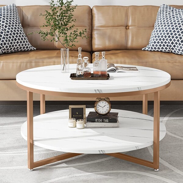 TwoTier Round Faux Marble Modern Coffee Table with Metal Legs and Open Storage Shelf for Living Room，White Gold