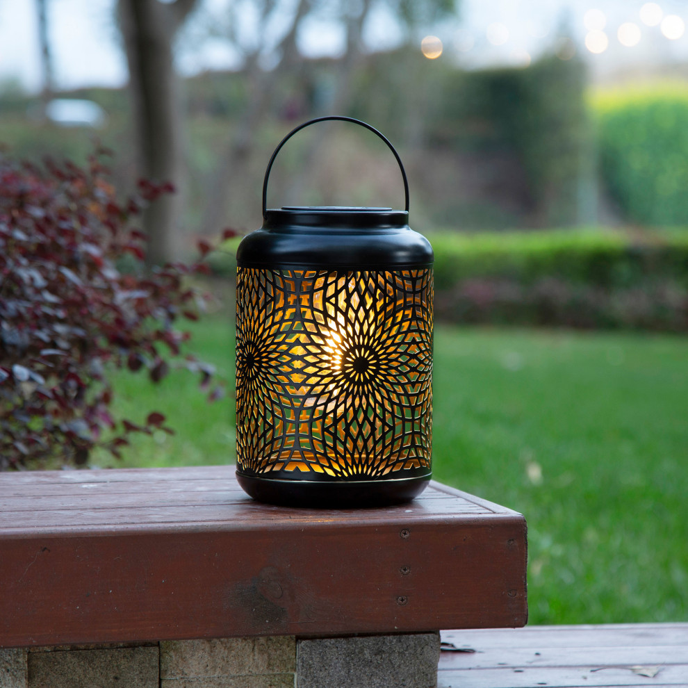 8.75 quotH Metal Cutout Solar Powered Outdoor Hanging Lantern   Contemporary   Outdoor Hanging Lights   by Glitzhome  Houzz