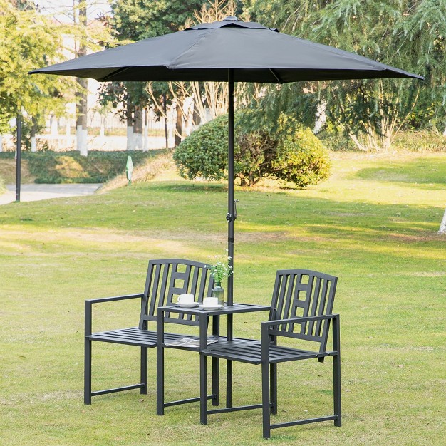 Outsunny Metal Garden Bench With Middle Table And Umbrella Hole 2 in 1 Double Patio Chairs Outdoor 2 person Tete a tete Slatted Black