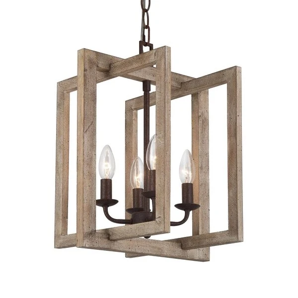 Farmhouse 4-Light Rustic Wood Geometric Chandelier Lantern Island Lights - 12.5'' L x 12.5'' W x 17'' H Shopping - The Best Deals on Chandeliers