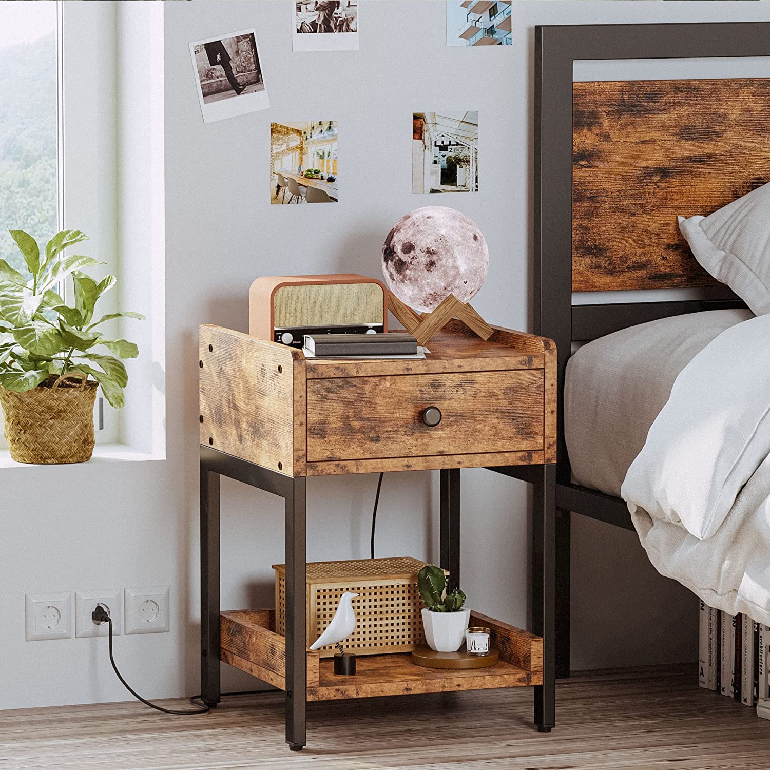 Nightstand Bedside Table with Charging Station, Small End Table with Storage Drawer and Shelf, Vintage Brown