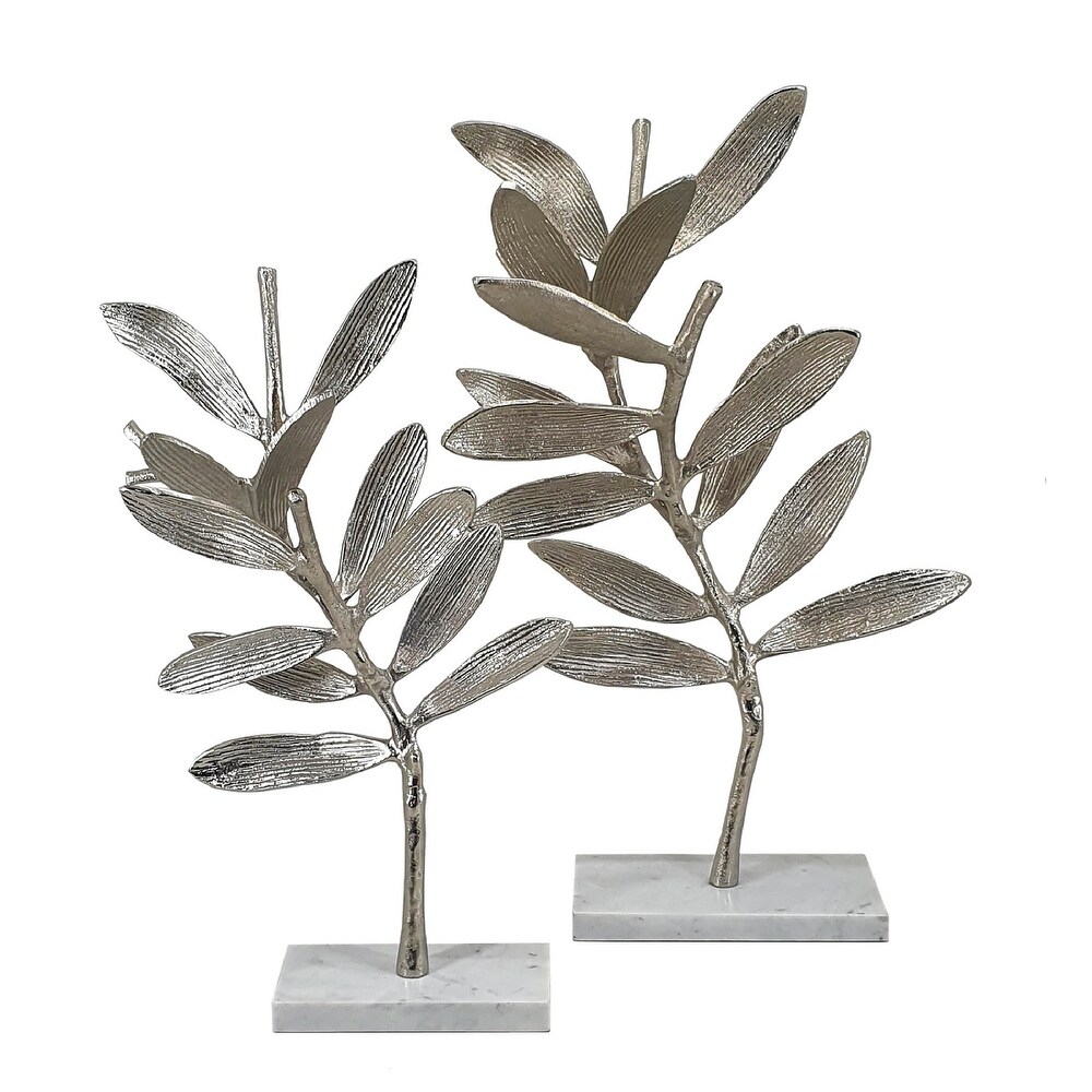 A B Home Intrinsic Leaf Aluminum Statuaries   Set of 2   Silver/White