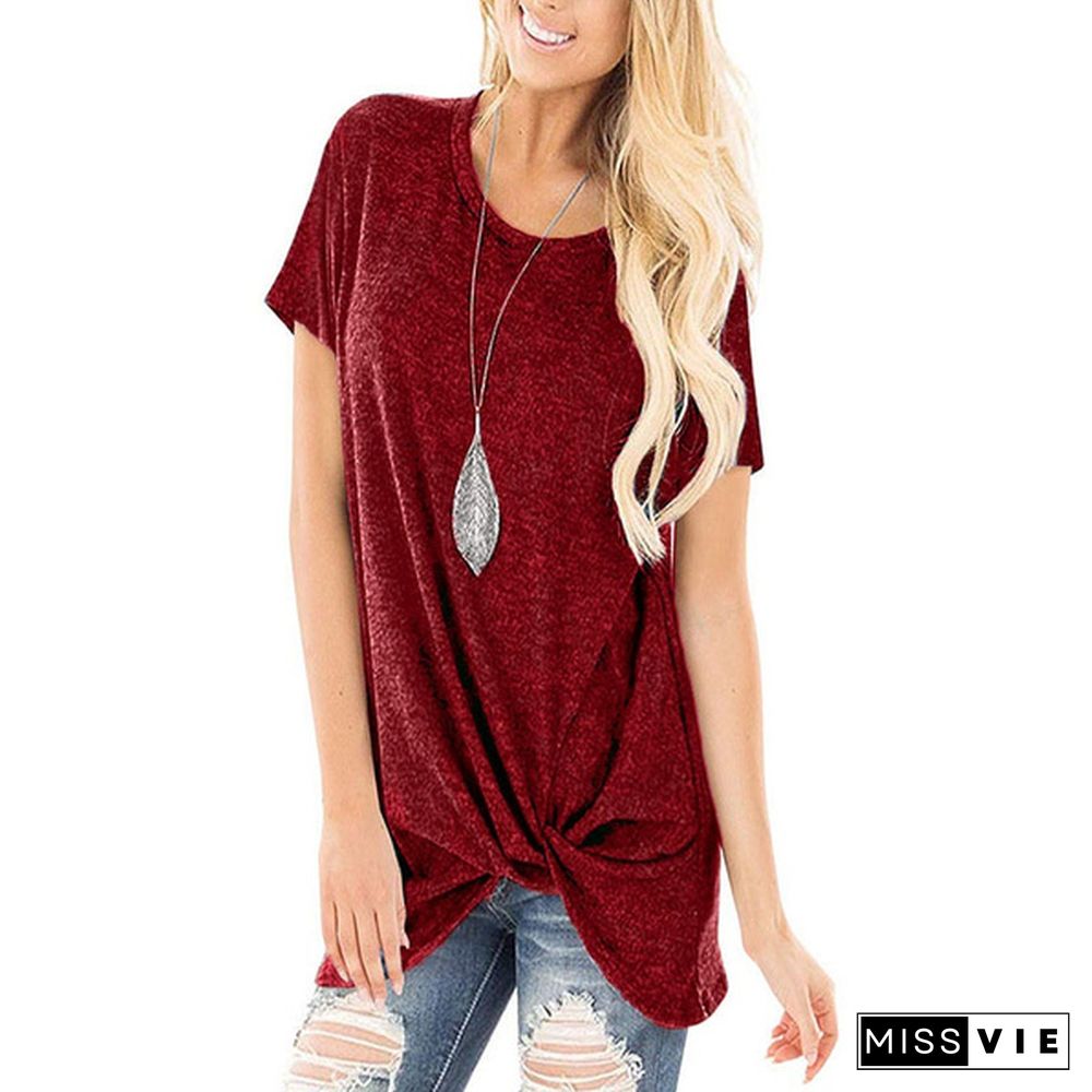 Plus Size S-8XL Fashion Women Spring Summer Short Sleeve T-shirt Ladies Solid Color Blouses Casual Round Neck Shirt Loose Tunic Tops Irregular Cotton Tops