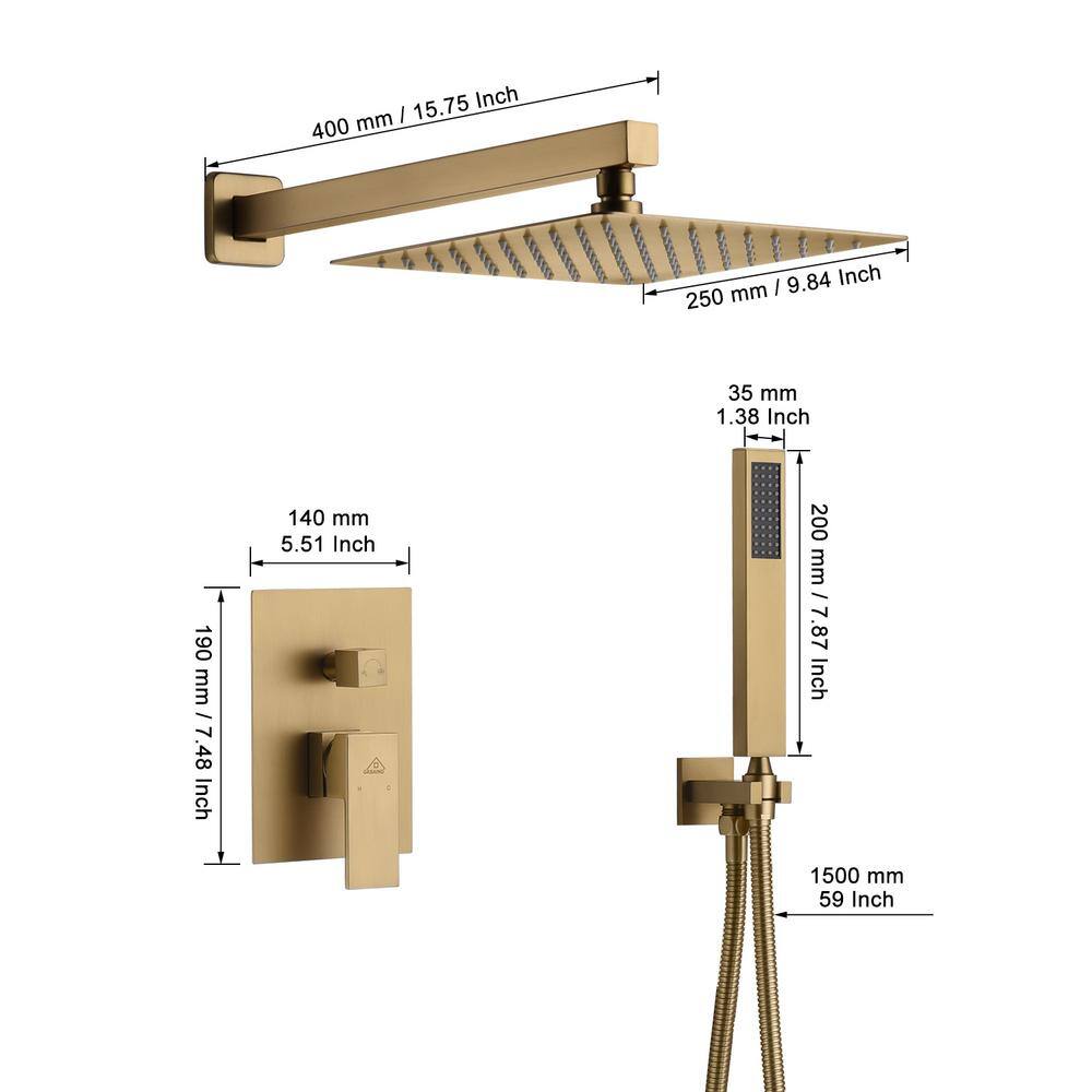 CASAINC 1-Spray Patterns with 10 in. Wall Mount Dual Shower Heads with Hand Shower Faucet in Brushed Gold (Valve Included) M6066-A-10-BG