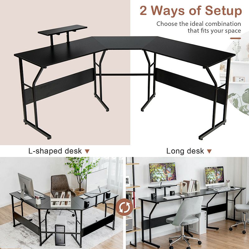 88.5 Inch L Shaped Reversible Computer Desk Table with Monitor Stand