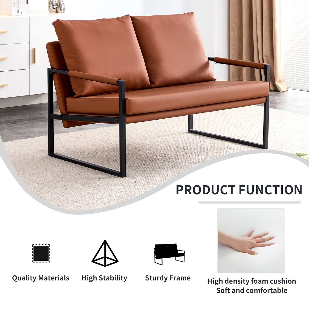 Industrial Sofa Sets(Set of 2)  Brown PU Leather Loveseat Couch  Single Armchair Sofa  Square Lounge Settee for Living Room