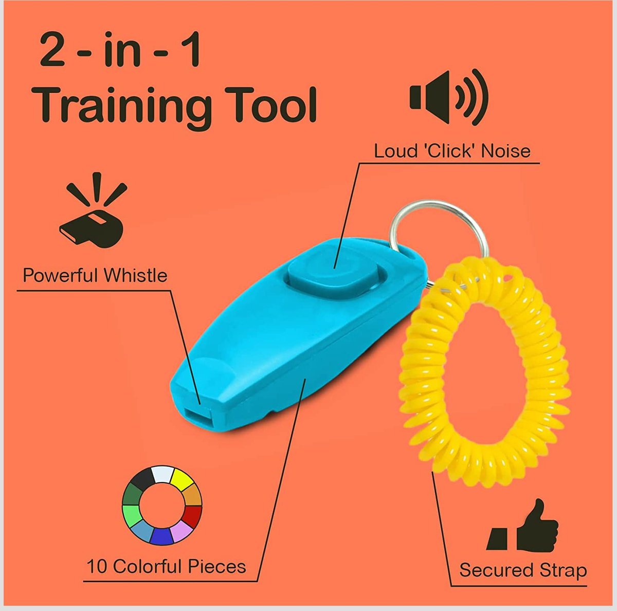 SunGrow Training Clicker and Whistle with Wrist Band Chicken， Small-Pet and Horse Communication and Behavior Correction Aid， 10 count