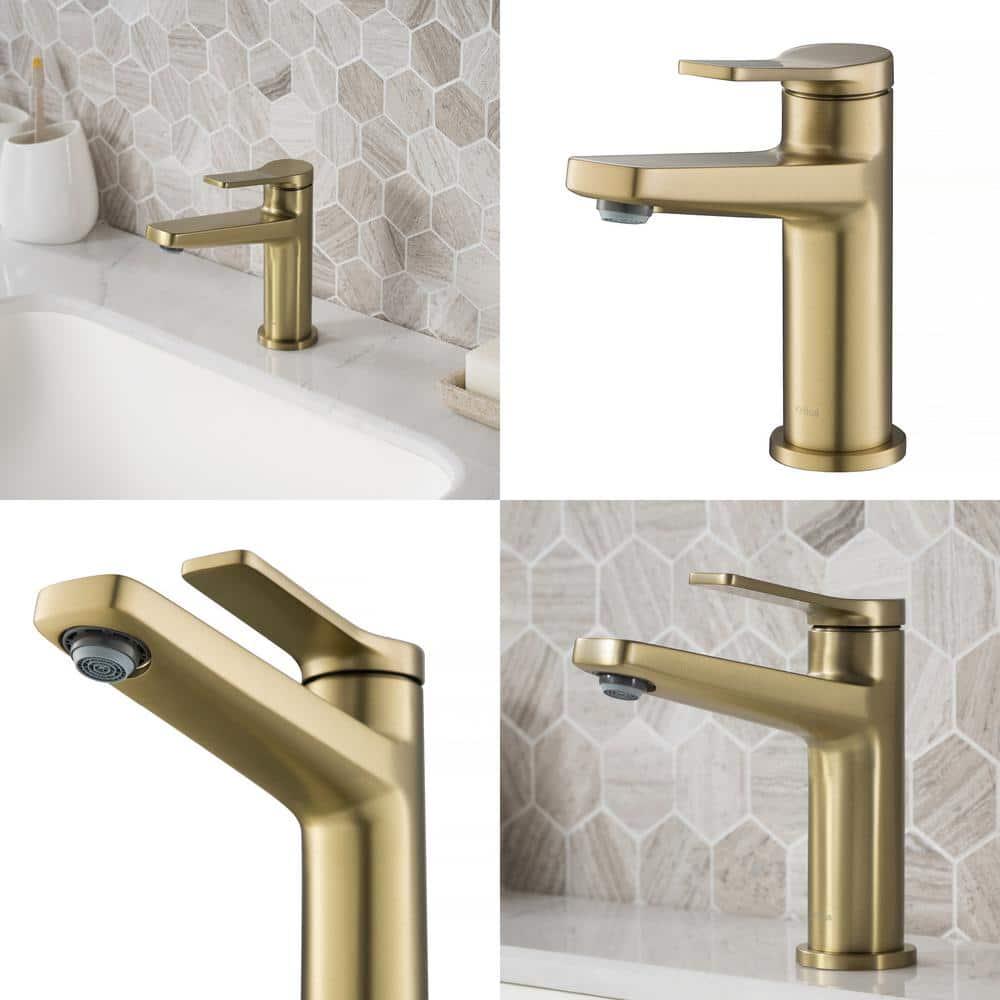 KRAUS Indy Single Handle Bathroom Faucet and Pop Up Drain with Overflow in Brushed Gold