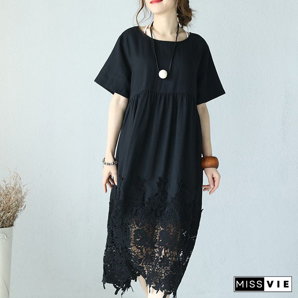 fine black linen dress Loose fitting O neck linen clothing dresses Elegant short sleeve baggy dresses