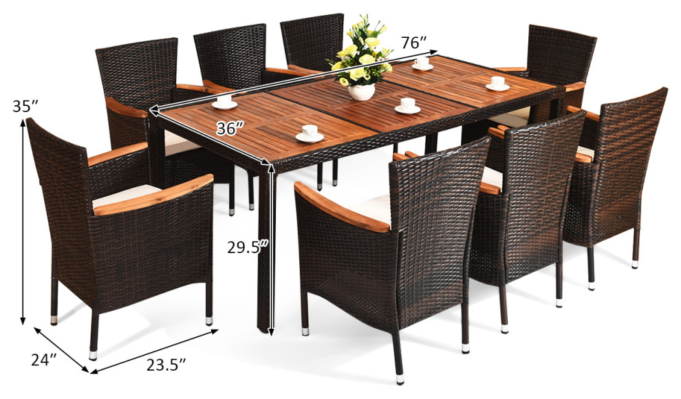 9PCS Patio Rattan Dining Set  8 Chairs Cushioned Acacia Table Top   Tropical   Outdoor Dining Sets   by Costway INC.  Houzz