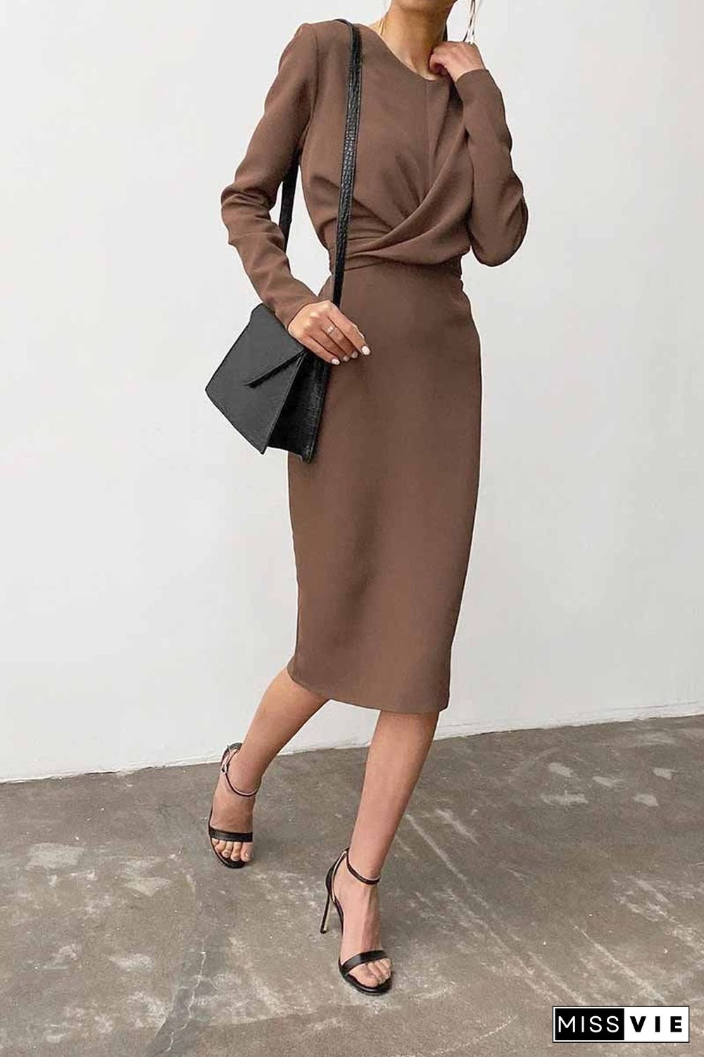 Fashion Long Sleeve Waist Midi Dress