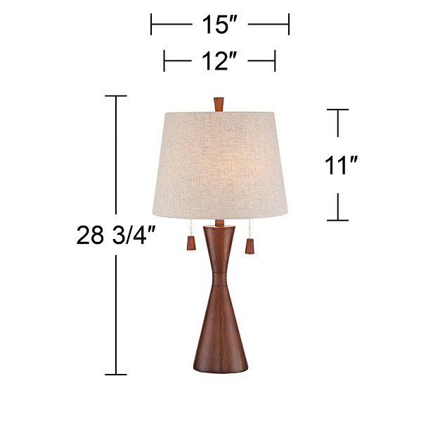 Tall Warm Brown Wood Hourglass Oatmeal Fabric Drum Shade For Bedroom Living Room Bedside Nightstand Office