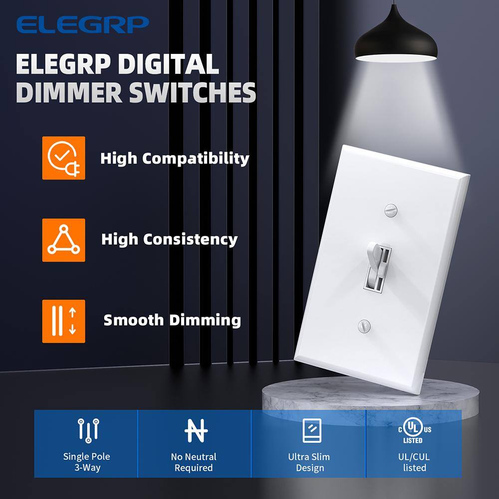 ELEGRP Toggle Dimmer Switch for Dimmable LED CFL and Incandescent Bulbs Single Pole3-Way with Wall Plate White (6-Pack) DM101S-WH6