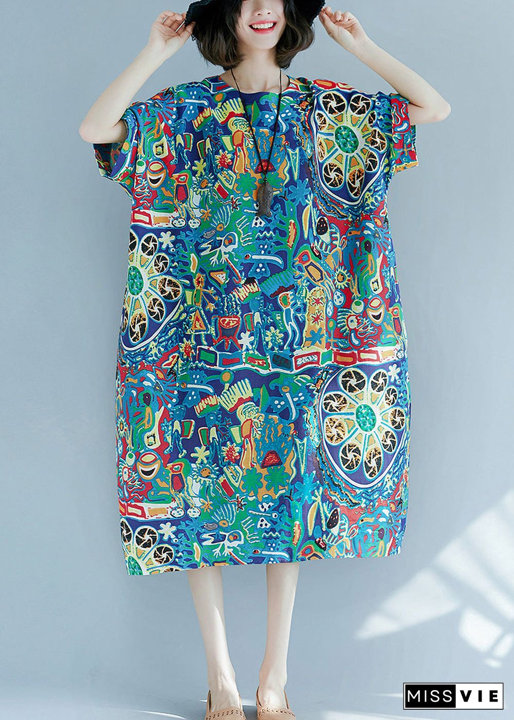 Art O-Neck Print Maxi Dress Short Sleeve