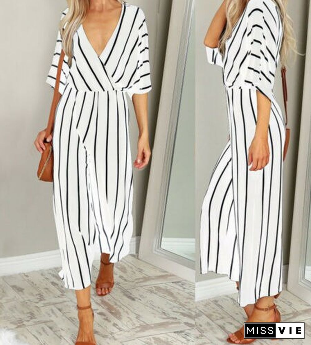 Wide Leg Pants Jumpsuit Ladies Half-sleeved Striped Loose Loose Trousers Jumpsuit Overalls