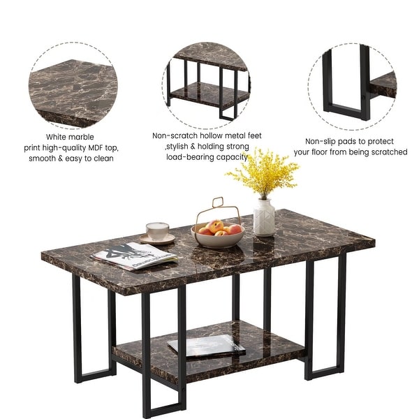 2 -Tier Rectangle Coffee Table， Black Base and Faux Marble Table top for Living Room， Double Metal Leg Design