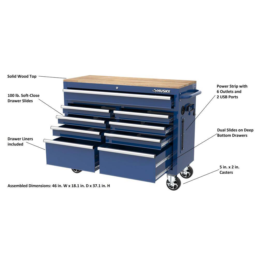 Husky 46 in. W x 18 in. D 9-Drawer Gloss Blue Mobile Workbench Cabinet with Solid Wood Top H46X18MWC9BLU