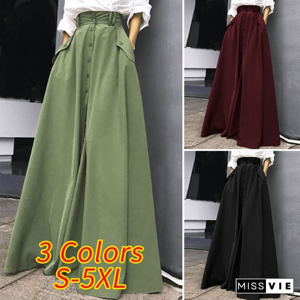 Women Umbrella Long Skirt A Line Dress Buttons High Waist Pleated Casual Loose Maxi Skirts Plus Size