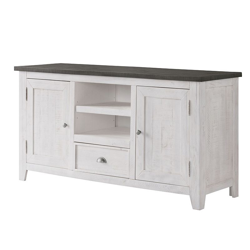 Coastal Wooden TV Stand with 2 Cabinets and 1 Drawer， White and Gray