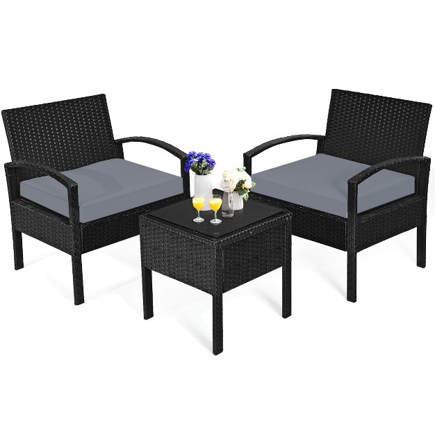 Tangkula 3 Pieces Patio Set Outdoor Wicker Rattan Furniture W Cushions Gray