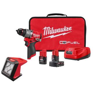 MW M12 FUEL 12-Volt Lithium-Ion Brushless Cordless 12 in. Drill Driver Kit with M12 LED Flood Light 3403-22-2364-20