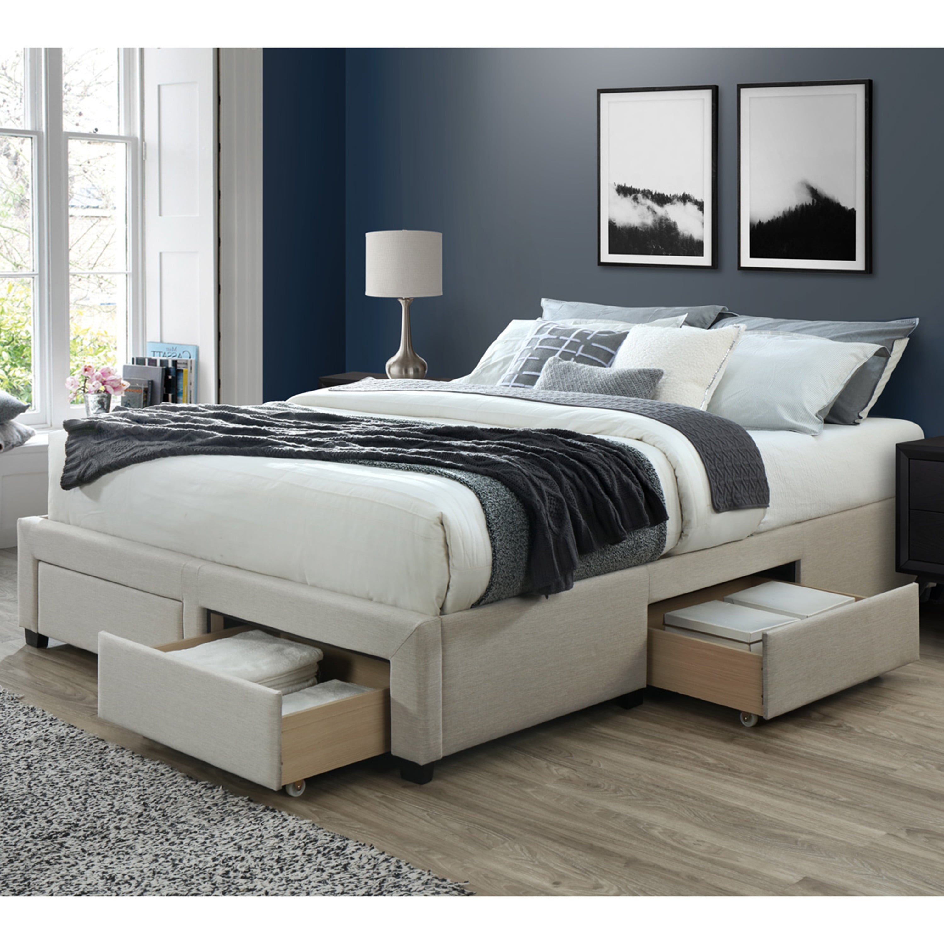 DG Casa Cosmo Upholstered Platform Bed Frame Base with Storage Drawers, Queen Size in Beige Linen Style Fabric