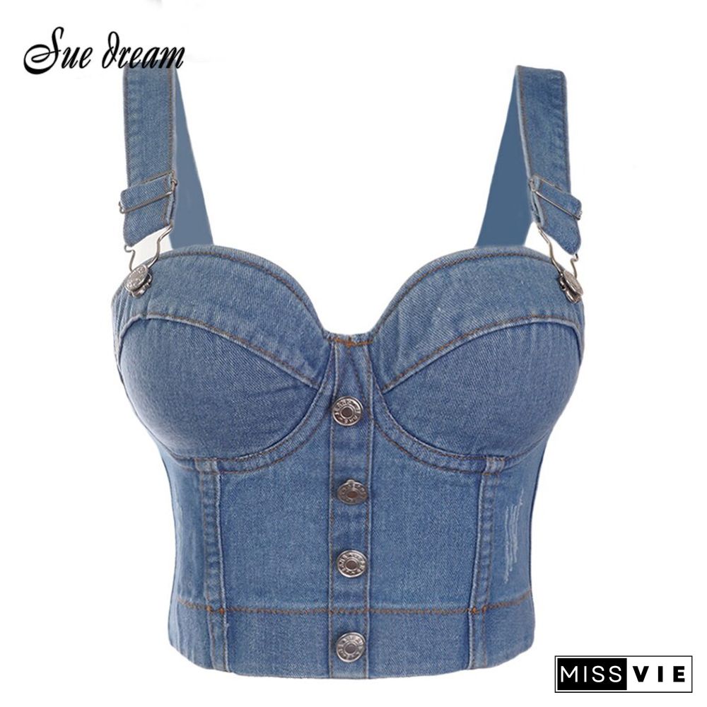 Denim Scratched Women's Spaghetti Strap Button Diamonds Ripped Push Up Bustier Night Club Party Crop Top New Corset Camise