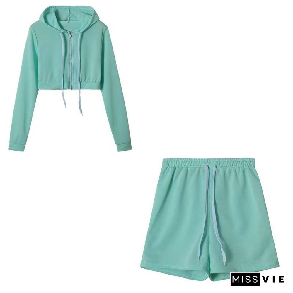 Zipper Hooded Sweatshirt Crop Top Shorts Tracksuit