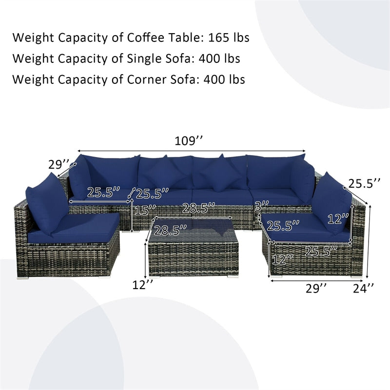 7 Pcs Rattan Patio Sectional Couch Set Outdoor Wicker Furniture Set with Cushions & Coffee Table