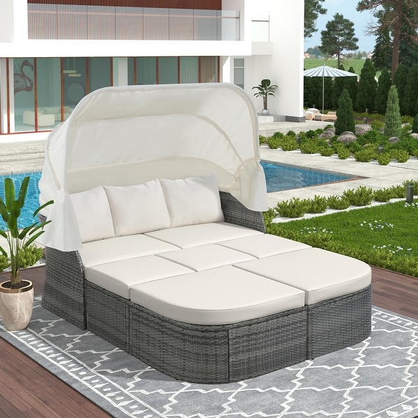 6Piece Outdoor Daybed Set with Retractable Canopy and Conversation Area