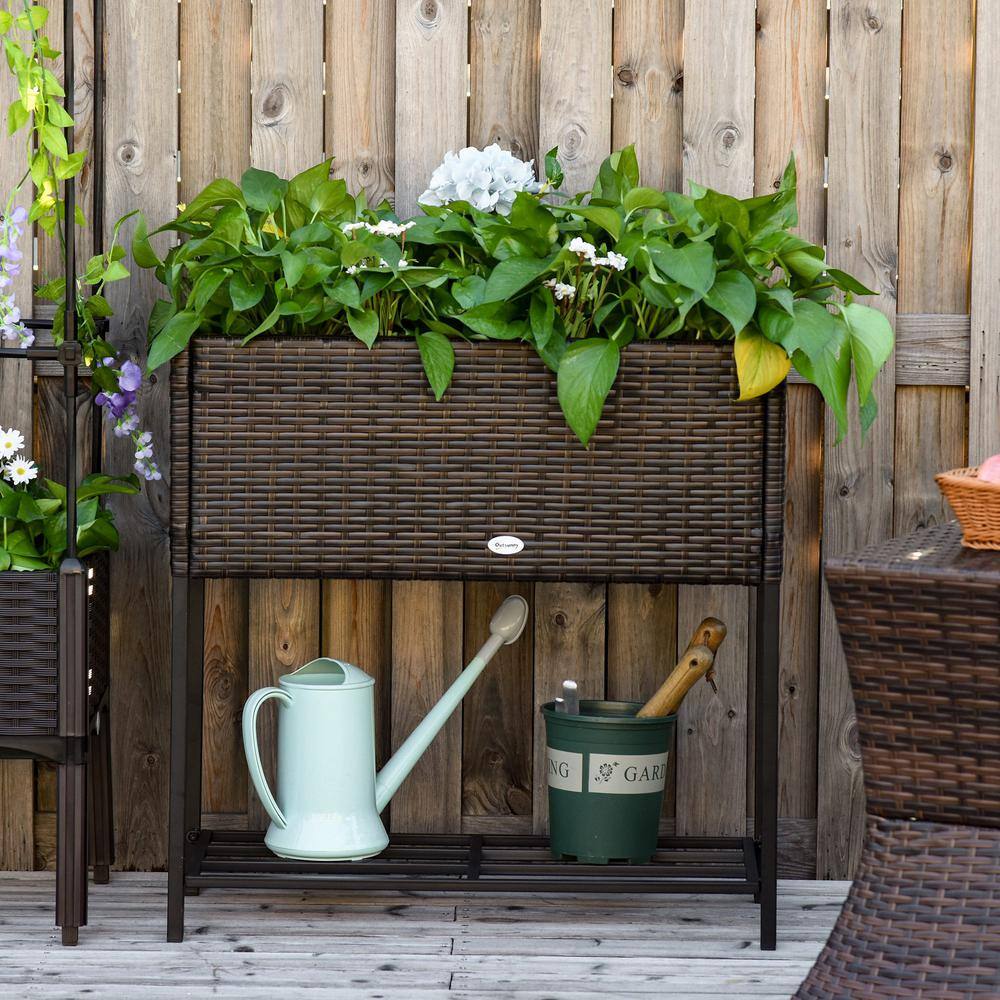 Outsunny Elevated Steel Brown Raised Garden Bed with Rattan Wicker Look Underneath Tool Storage Rack 867-039