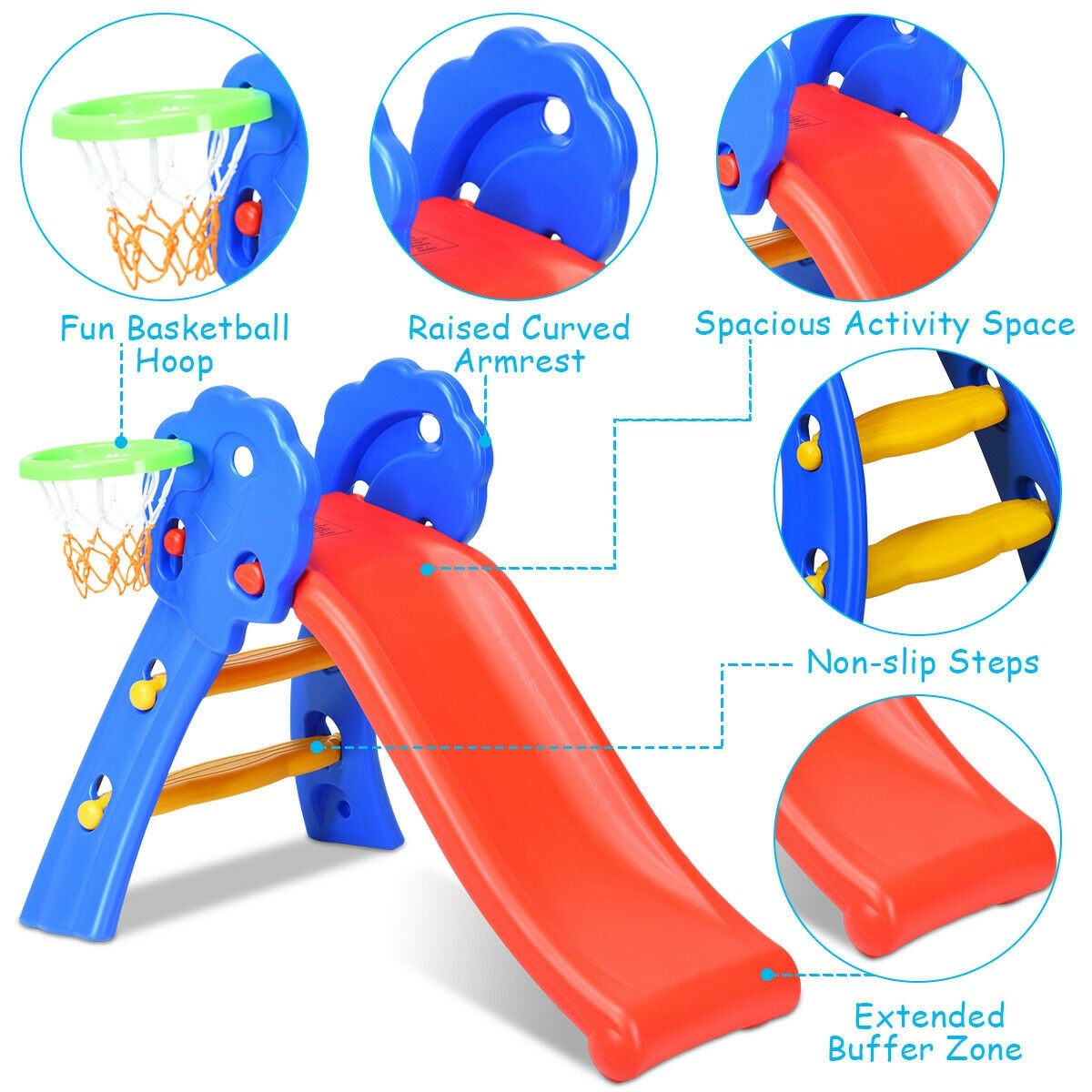 Baby Joy Folding Slide, Plastic Play Slide Climber Kids (Floral Rail +Basketball Hoop)