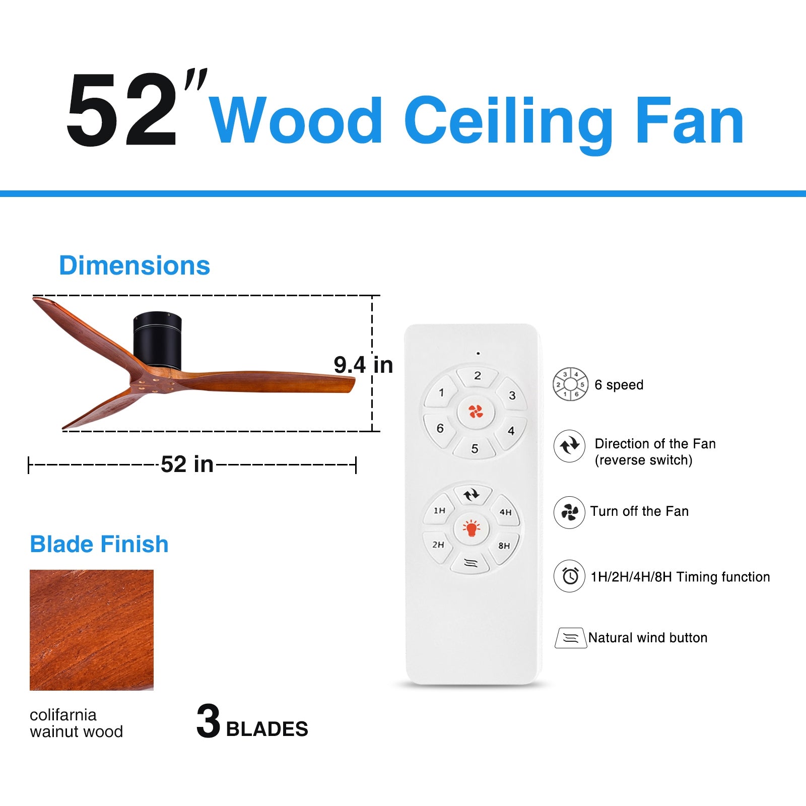 52 Inch Flush Mount Ceiling Fan with Remote，3 Blades Brown Solid Wood Ceiling Fan， Reverse Airflow