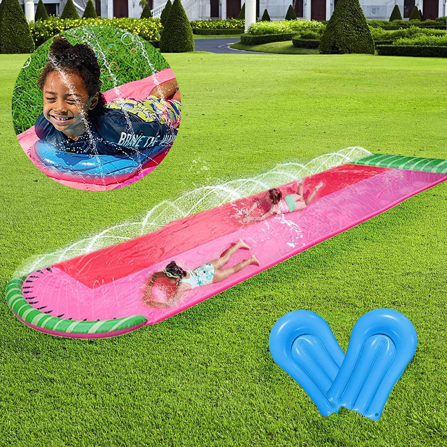 Lavinya 18ft Water Slides Slip Splash and Slide With Splash Sprint Racing Inflatable waterslides with Crash Pad For Toddlers And Adults