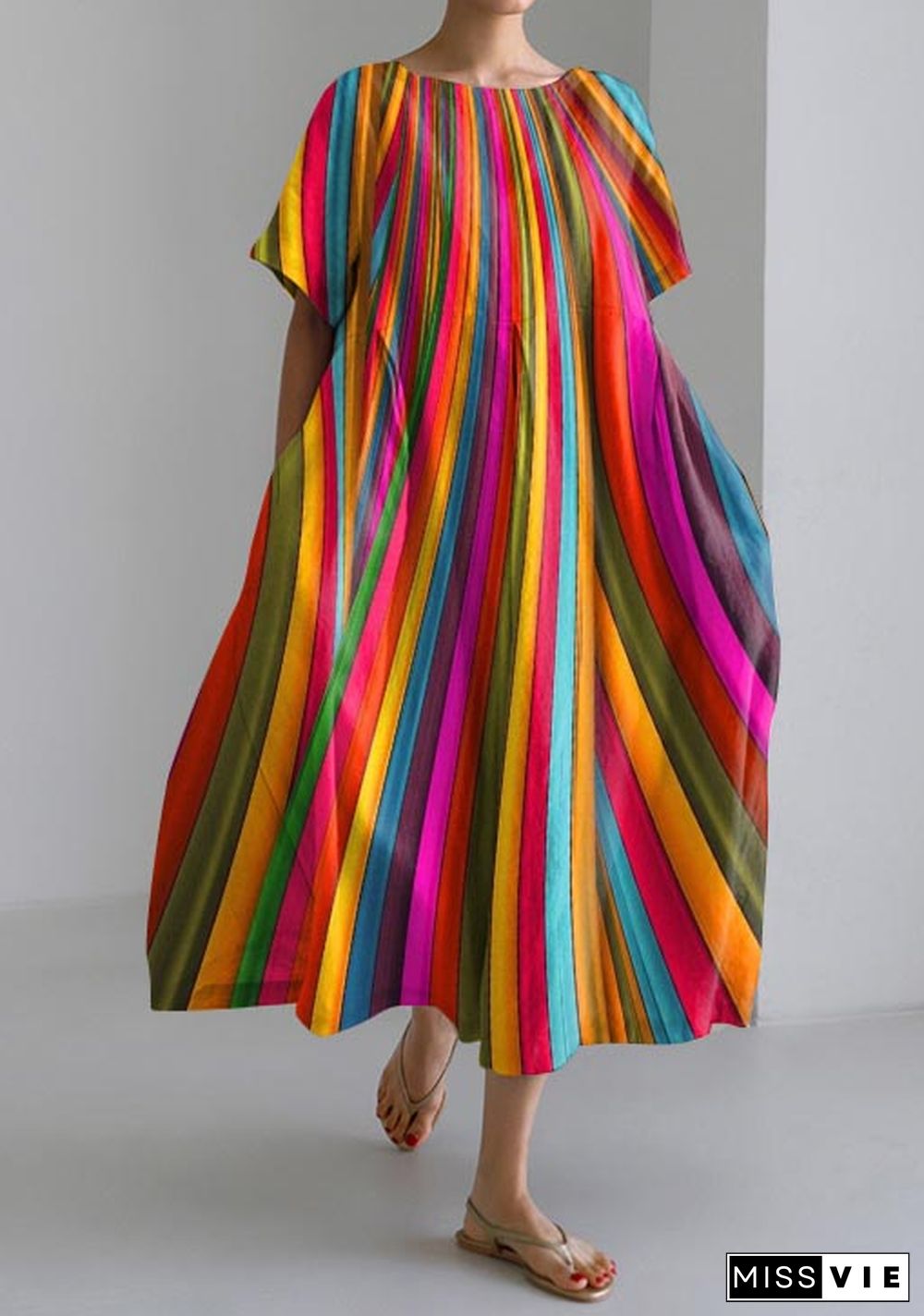 Retro Rainbow Striped Casual Short Sleeve Dress