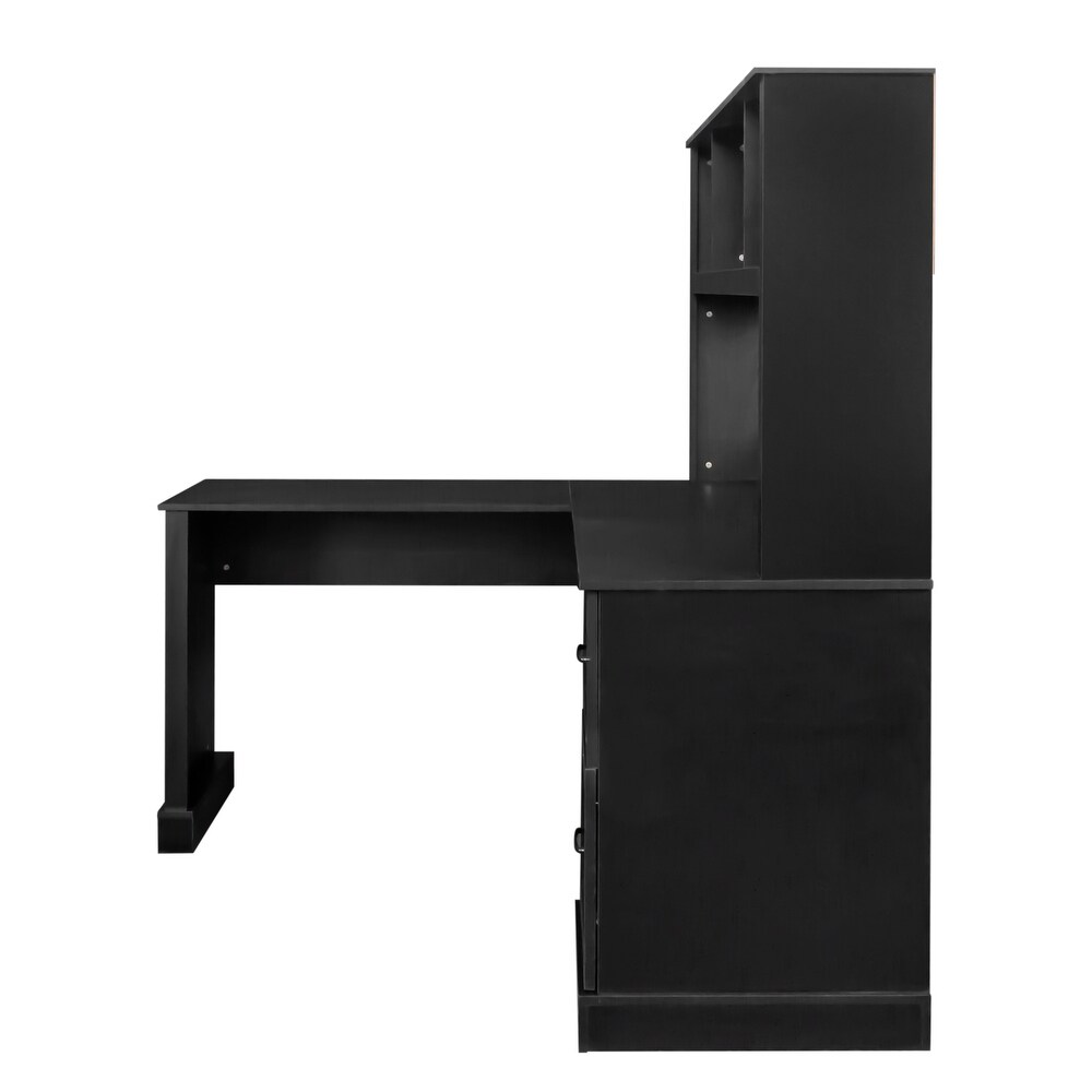 L Shape Home Office Computer Desk with Hutch Study Table with Drawers  Black