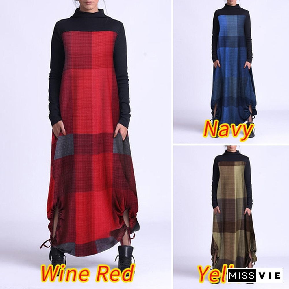 Casual Women Winter Fashion Jumper Dress Plus Size Long Sleeve Mock Neck Irregular Hem Baggy Plaid Dress Pullover Sweatshirts