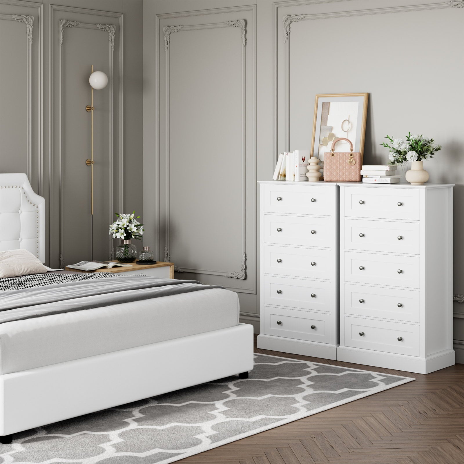 Homfa 5 Drawers Dresser with Sliver Handles, Modern Free Standing Storage Drawer for Bedroom, White Finish