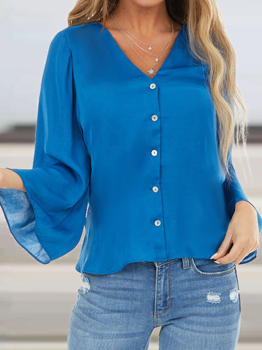 V-neck Casual Loose Single Breasted Solid Color Long Sleeve Blouse